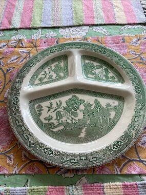 Vintage Green Willow Transferware Divided Grill Plate by Romarco